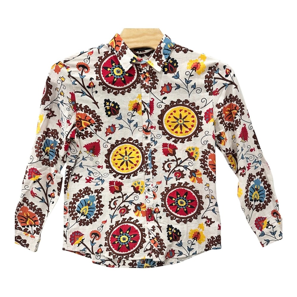 Luc Matton Mens XL Floral Suzani Print Button Up Shirt Cotton Linen Boho Cotton